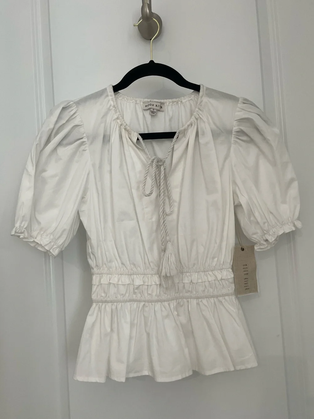 NEW Tuckernuck Moon River Tie Neck Gathered Puff Sleeve Blouse NWT